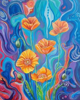 Orange poppies at blue colors